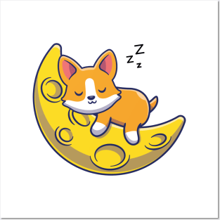 Cute Kawaii Fox Sleeping on Moon Posters and Art